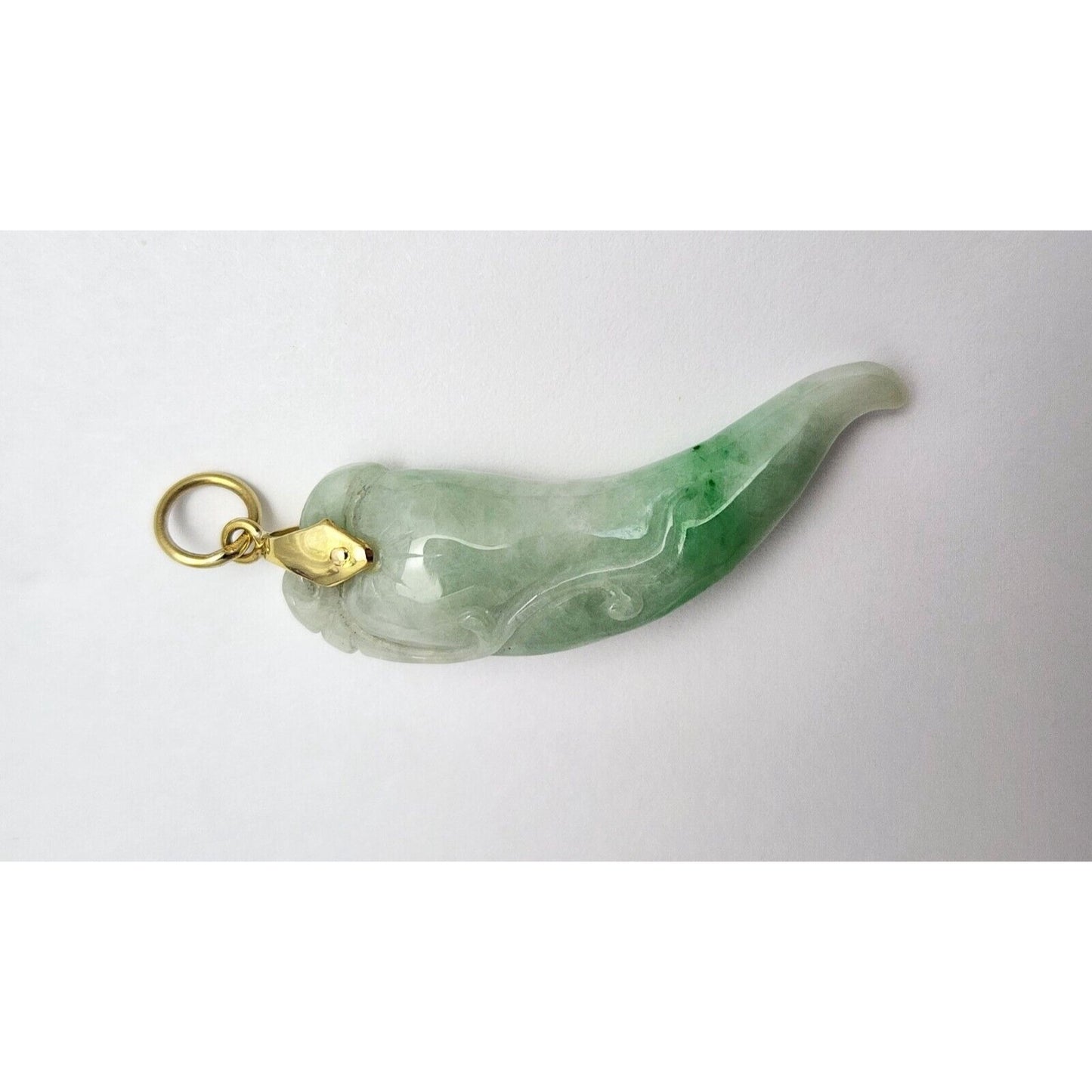 14K Yellow Gold Green Jadeite Jade Carved Chili Pepper Charm Pendant