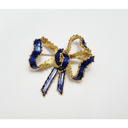 Vintage Victorian Tiffany & Co 18K Solid Yellow Gold Blue Enamel Bow Brooch Pin