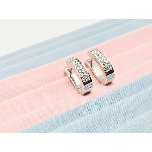 14K White Gold Round Diamond Hinged Half Hoop Earrings