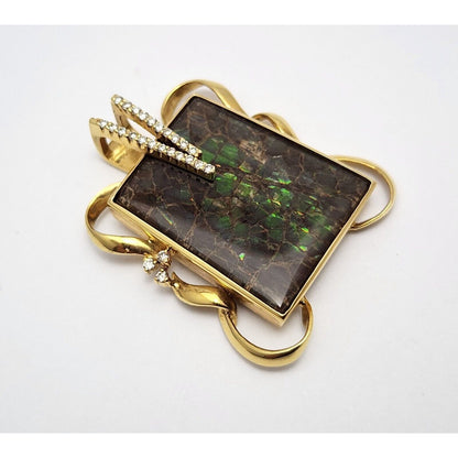 18K Solid Yellow Gold Green Ammolite Fossil & Diamond Charm Pendant