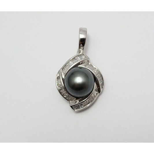 14K Solid White Gold Drop Dangle Tahitian Pearl & Diamond Charm Pendant