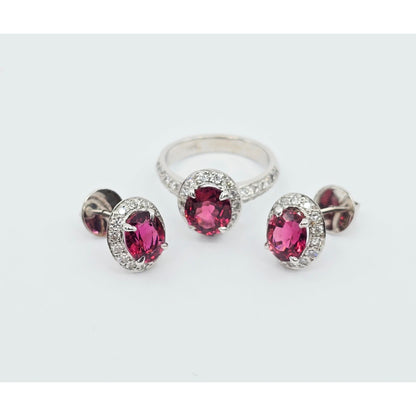 18K White Gold Red Tourmaline & Diamond Ring & Earring Set