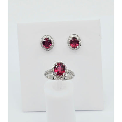 18K White Gold Red Tourmaline & Diamond Ring & Earring Set