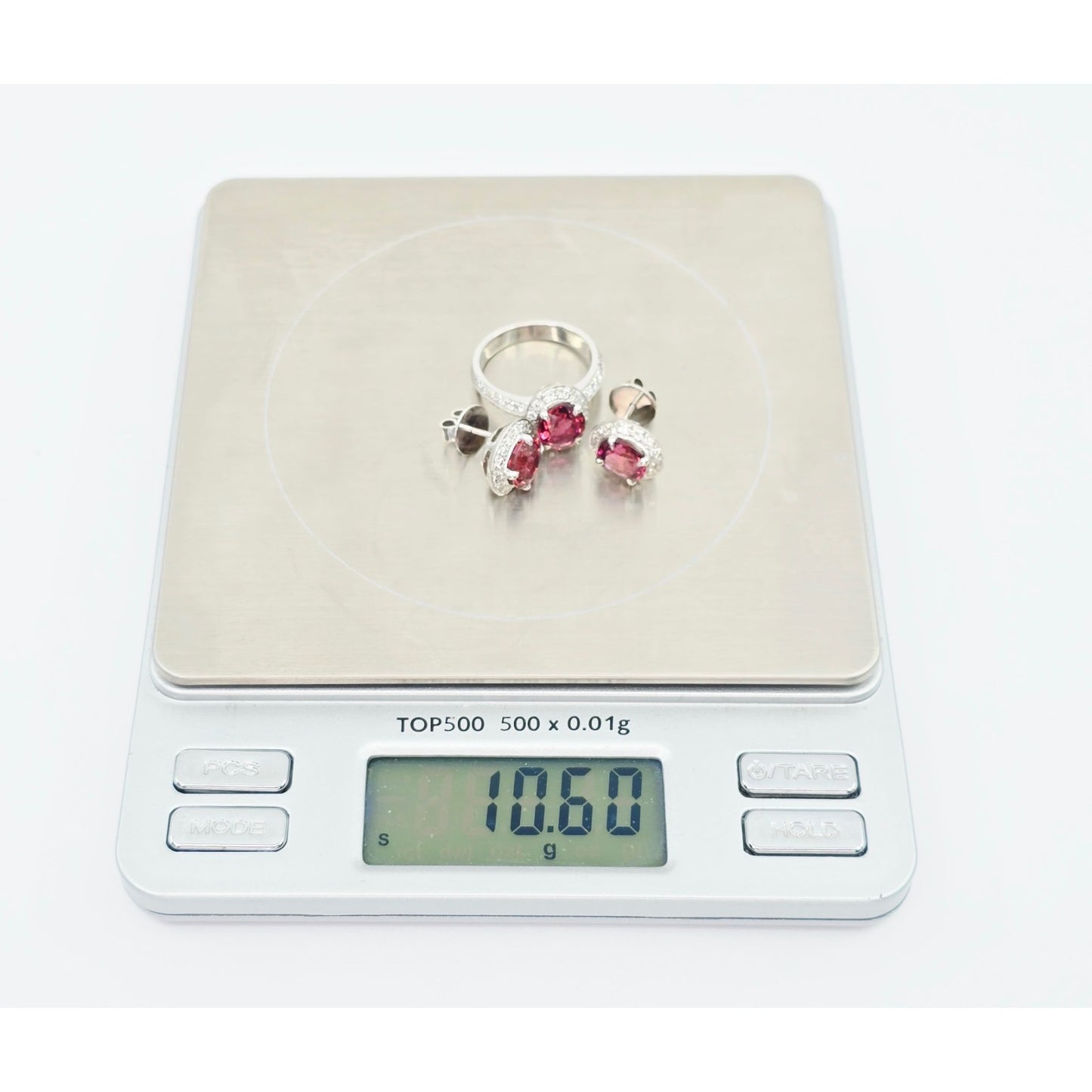 18K White Gold Red Tourmaline & Diamond Ring & Earring Set