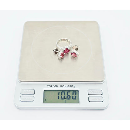 18K White Gold Red Tourmaline & Diamond Ring & Earring Set