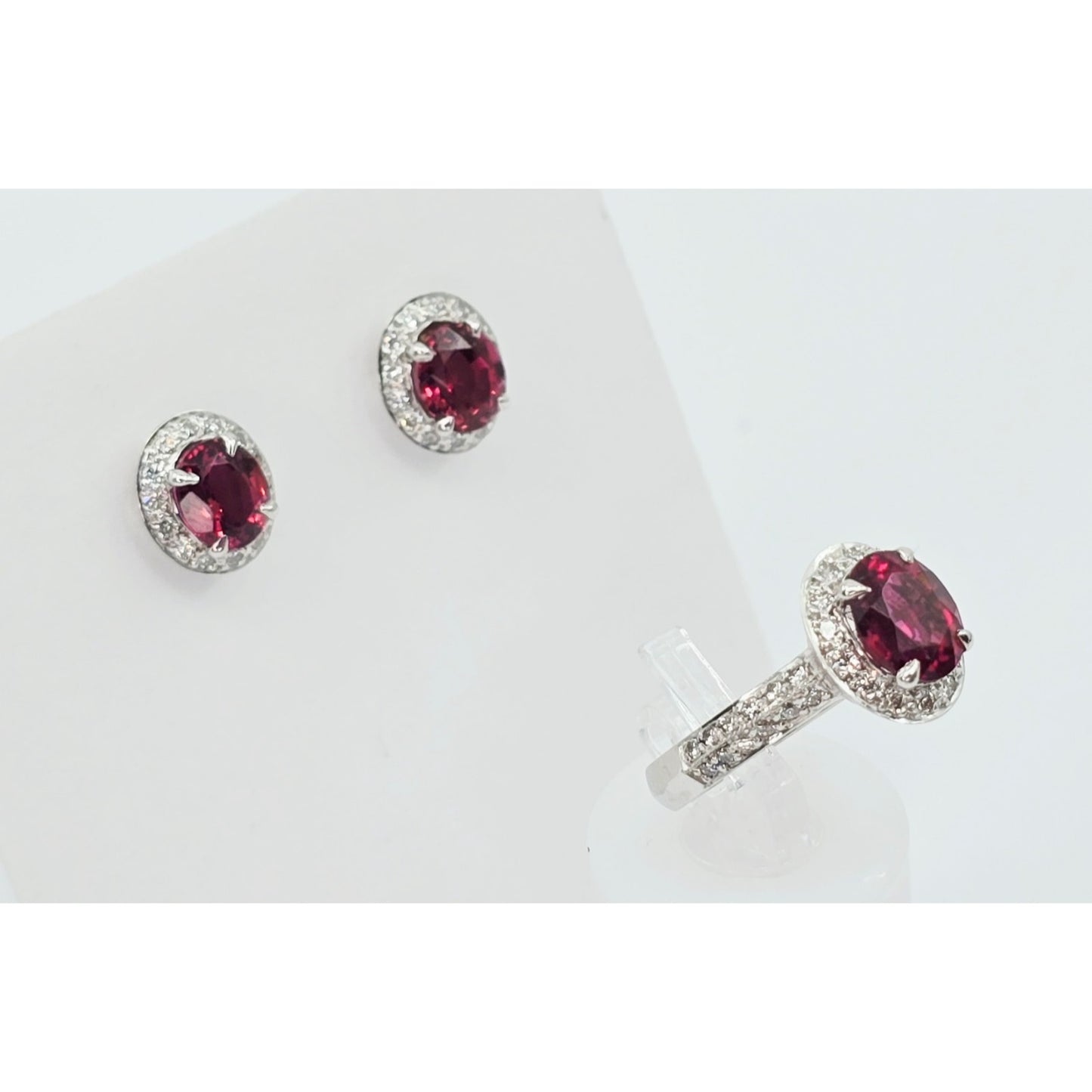 18K White Gold Red Tourmaline & Diamond Ring & Earring Set