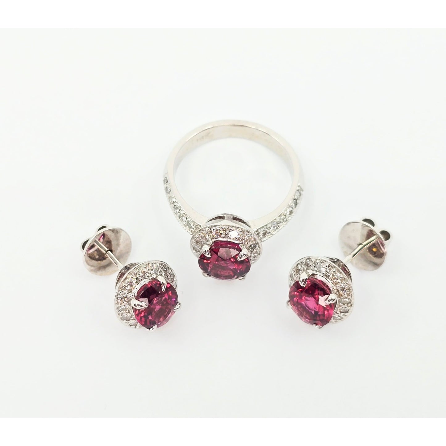 18K White Gold Red Tourmaline & Diamond Ring & Earring Set