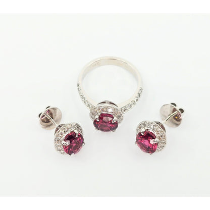 18K White Gold Red Tourmaline & Diamond Ring & Earring Set