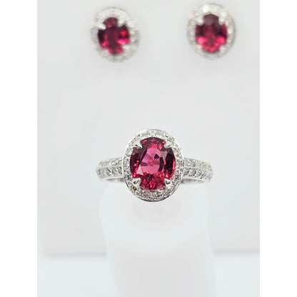 18K White Gold Red Tourmaline & Diamond Ring & Earring Set