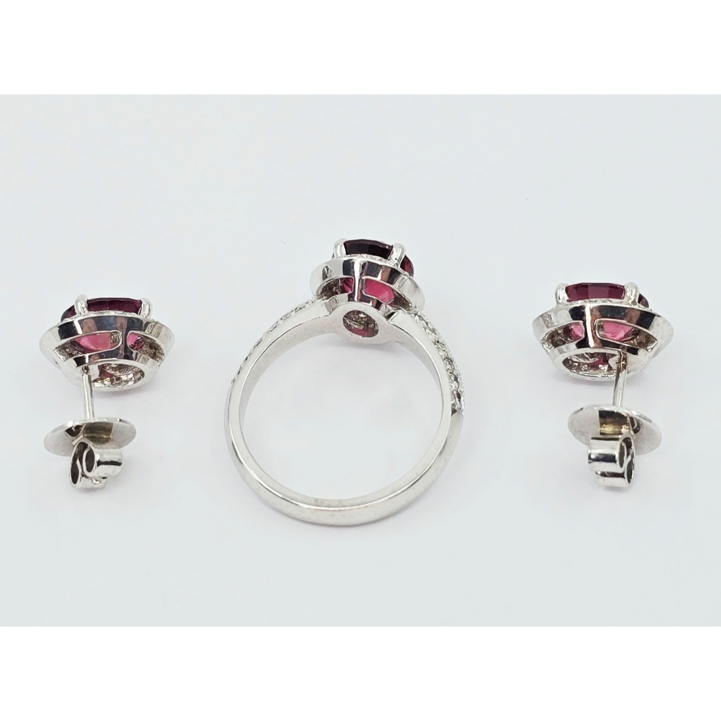 18K White Gold Red Tourmaline & Diamond Ring & Earring Set