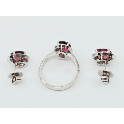18K White Gold Red Tourmaline & Diamond Ring & Earring Set