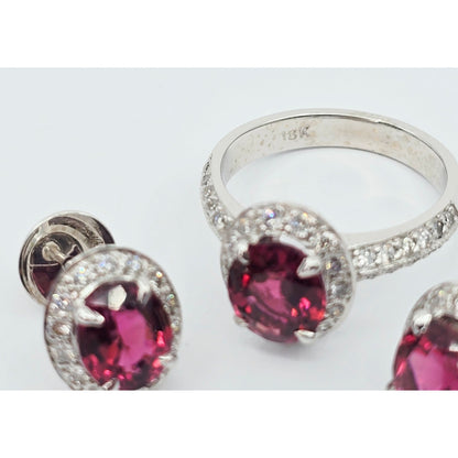 18K White Gold Red Tourmaline & Diamond Ring & Earring Set