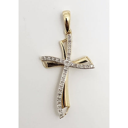 14K Solid Two Tone Gold Diamond Cross Charm Pendant