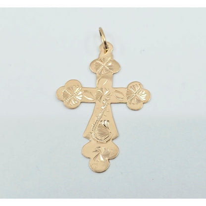 14K Rose Gold Engraved Religious Cross Charm Pendant