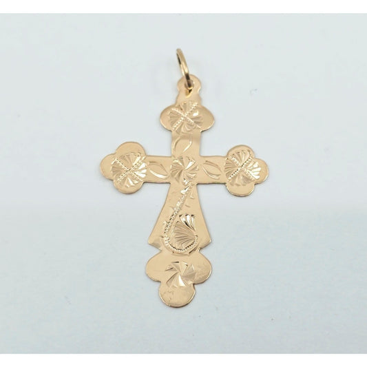 14K Rose Gold Engraved Religious Cross Charm Pendant