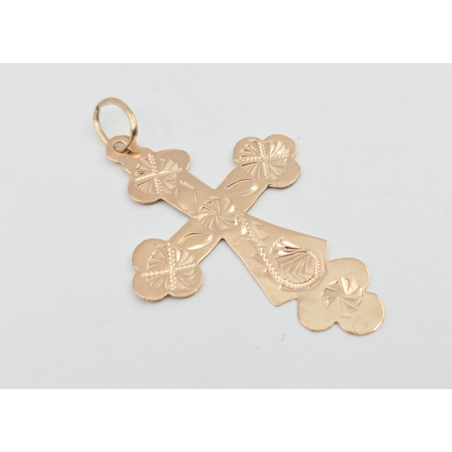 14K Rose Gold Engraved Religious Cross Charm Pendant