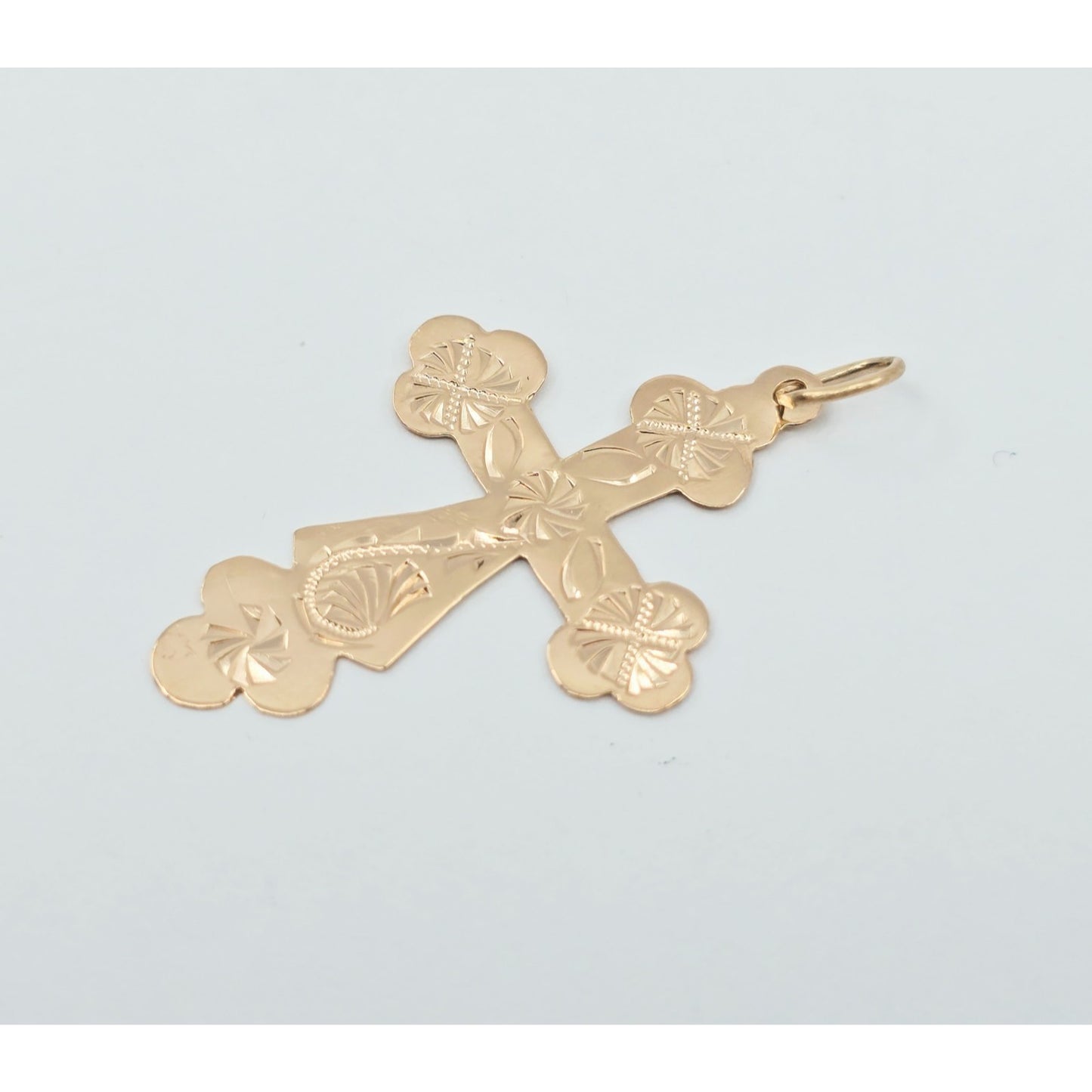 14K Rose Gold Engraved Religious Cross Charm Pendant