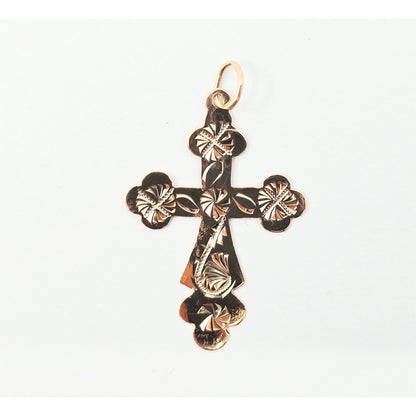 14K Rose Gold Engraved Religious Cross Charm Pendant