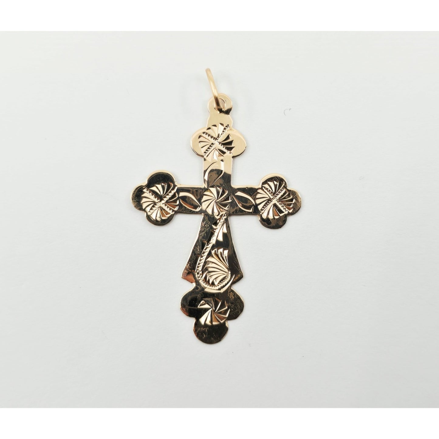 14K Rose Gold Engraved Religious Cross Charm Pendant