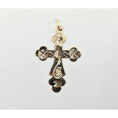 14K Rose Gold Engraved Religious Cross Charm Pendant