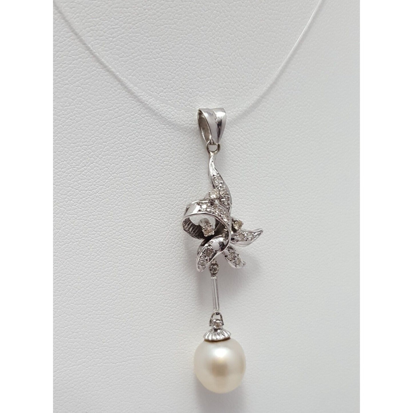 14K Solid White Gold Pearl & Diamond Drop Dangle Charm Pendant