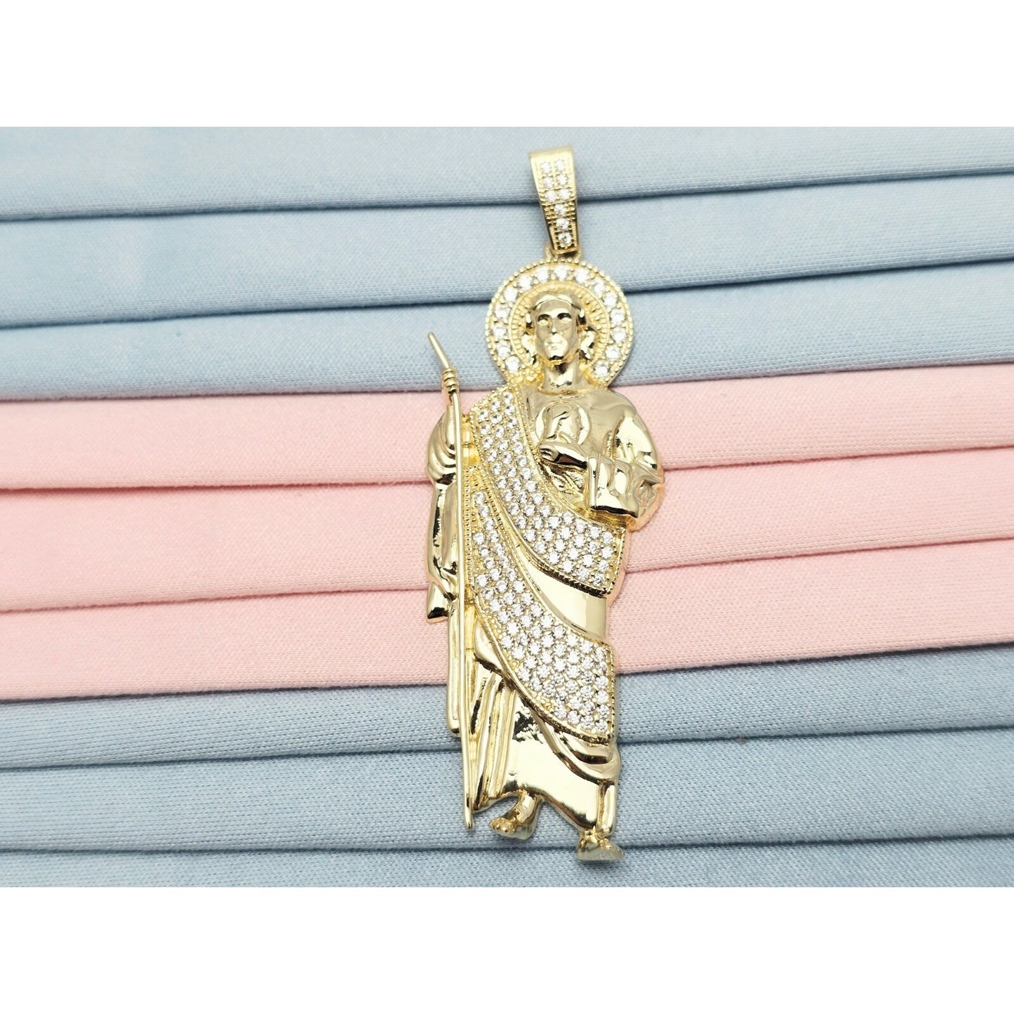 Large 10K Yellow Gold Saint Jude CZ Charm Pendant