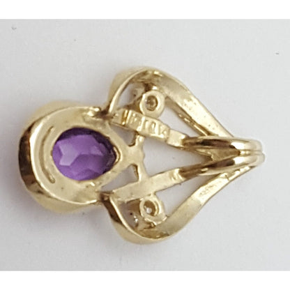 14K Solid Yellow Gold Amethyst & Diamond Drop Charm Pendant