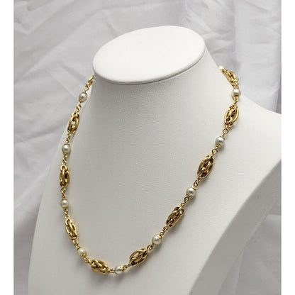 18K Yellow Gold Pearl Link Chain Necklace