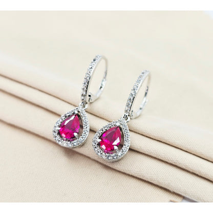 925 Sterling Silver Rhodium Plated Synthetic Ruby Lever Back Dangle Earrings