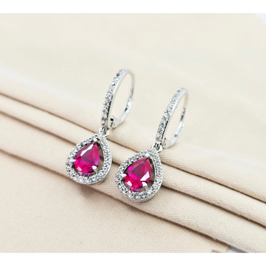 925 Sterling Silver Rhodium Plated Synthetic Ruby Lever Back Dangle Earrings