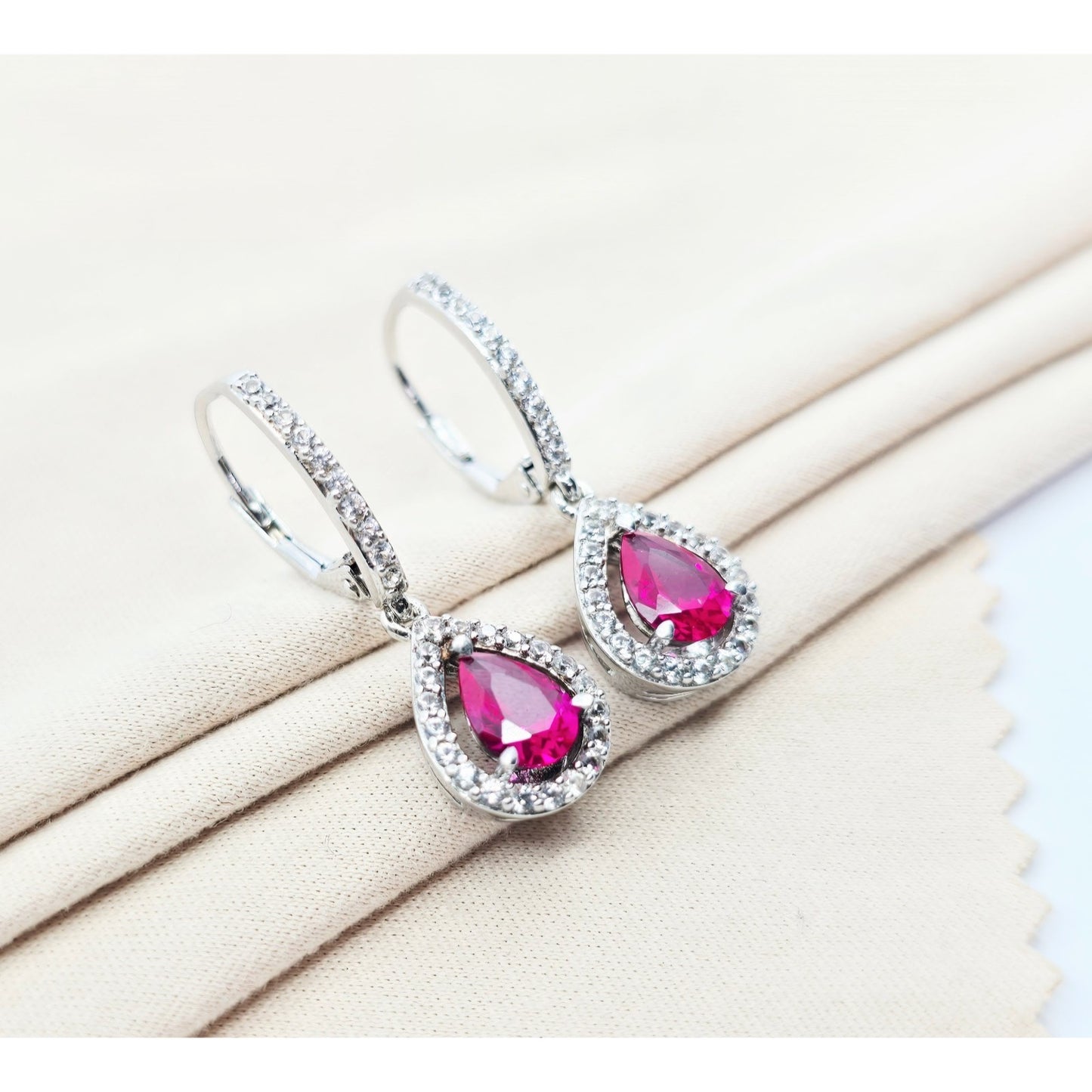 925 Sterling Silver Rhodium Plated Synthetic Ruby Lever Back Dangle Earrings