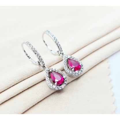 925 Sterling Silver Rhodium Plated Synthetic Ruby Lever Back Dangle Earrings