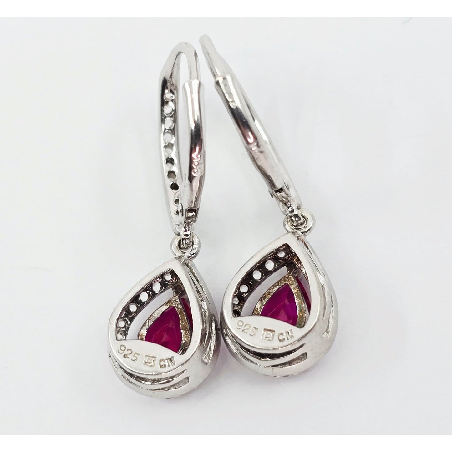 925 Sterling Silver Rhodium Plated Synthetic Ruby Lever Back Dangle Earrings