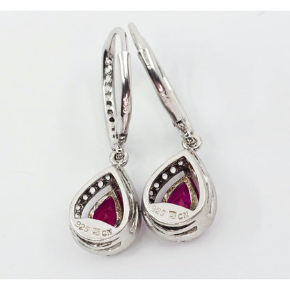925 Sterling Silver Rhodium Plated Synthetic Ruby Lever Back Dangle Earrings