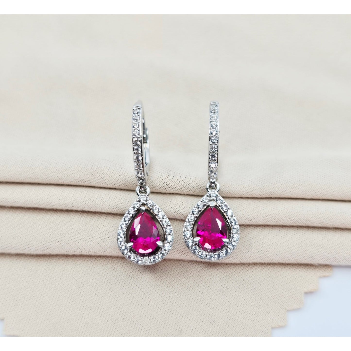 925 Sterling Silver Rhodium Plated Synthetic Ruby Lever Back Dangle Earrings