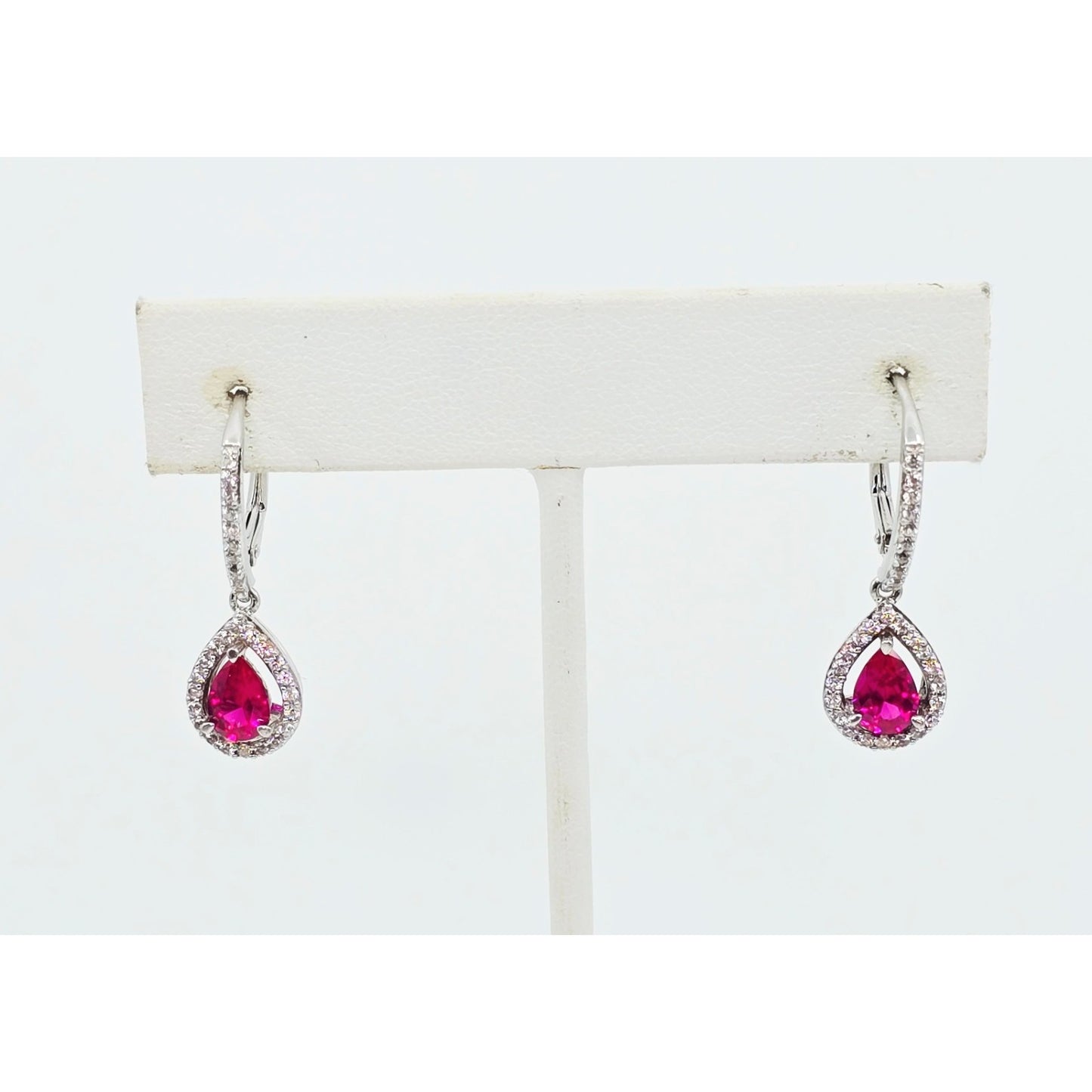 925 Sterling Silver Rhodium Plated Synthetic Ruby Lever Back Dangle Earrings