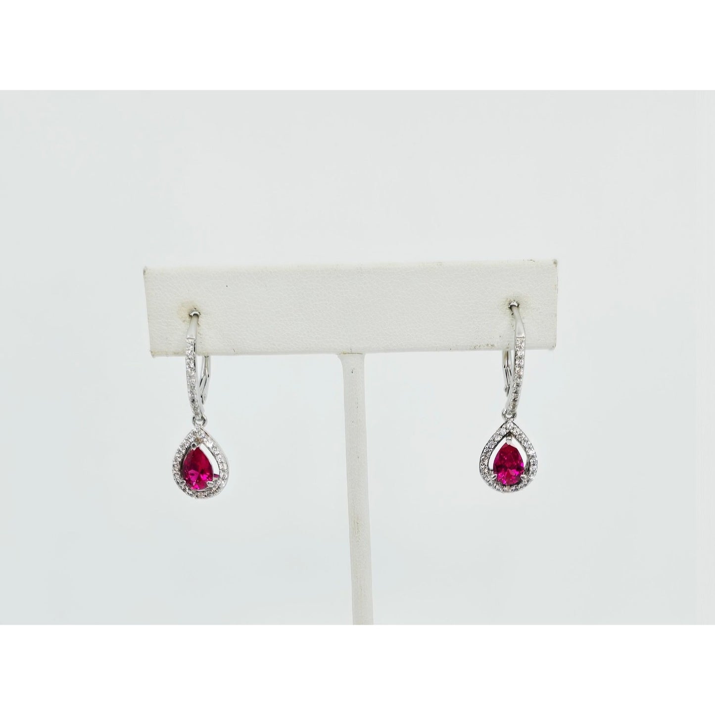 925 Sterling Silver Rhodium Plated Synthetic Ruby Lever Back Dangle Earrings