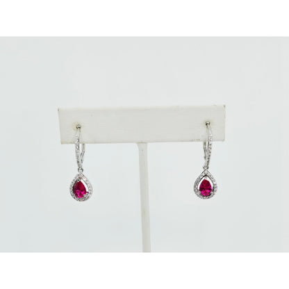 925 Sterling Silver Rhodium Plated Synthetic Ruby Lever Back Dangle Earrings