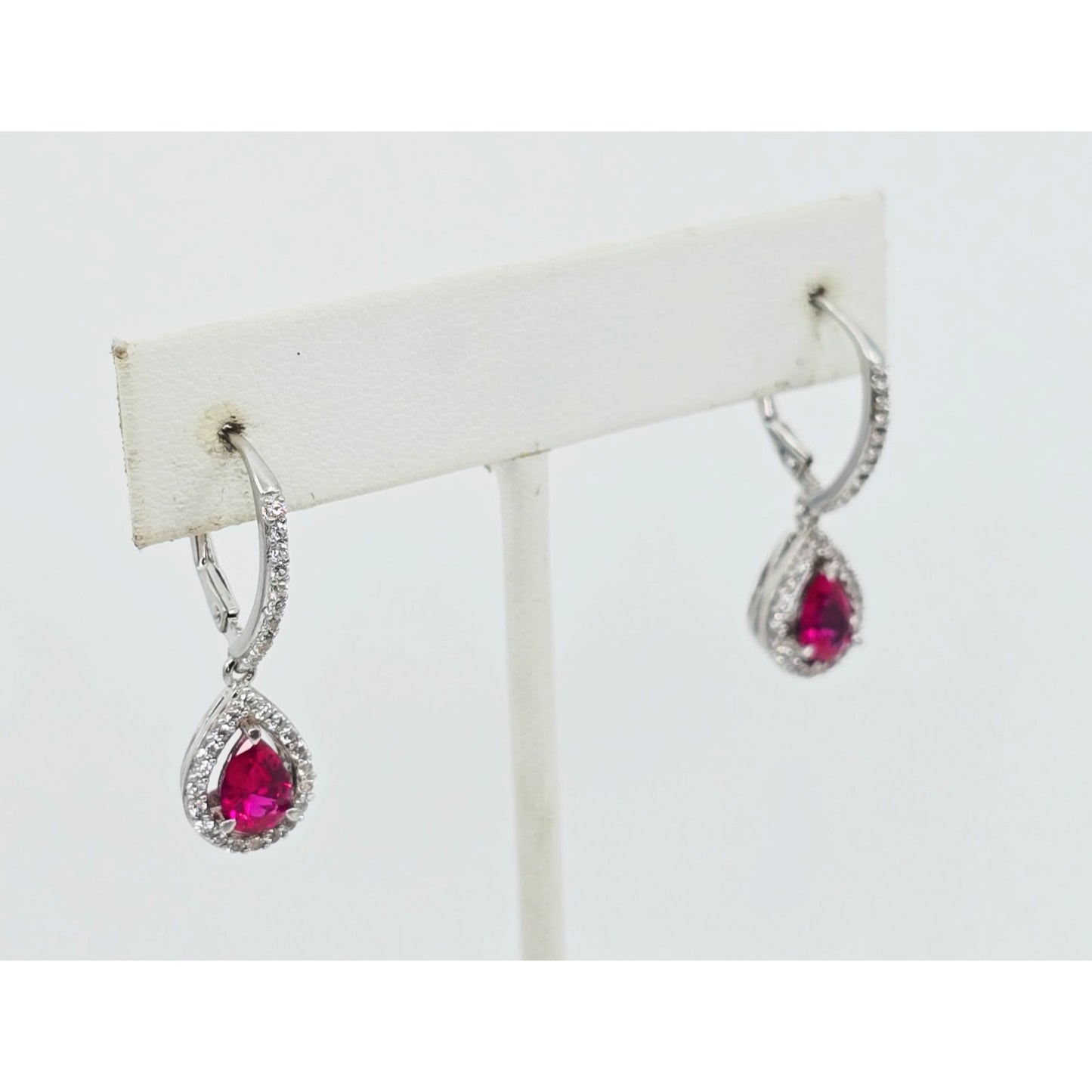 925 Sterling Silver Rhodium Plated Synthetic Ruby Lever Back Dangle Earrings