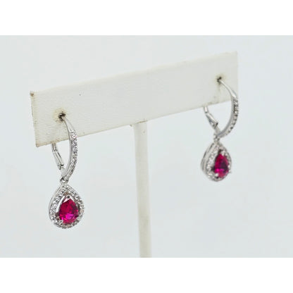 925 Sterling Silver Rhodium Plated Synthetic Ruby Lever Back Dangle Earrings