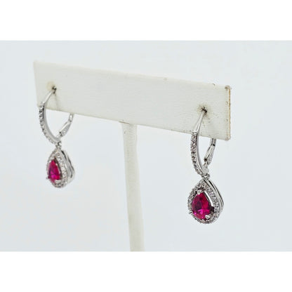 925 Sterling Silver Rhodium Plated Synthetic Ruby Lever Back Dangle Earrings