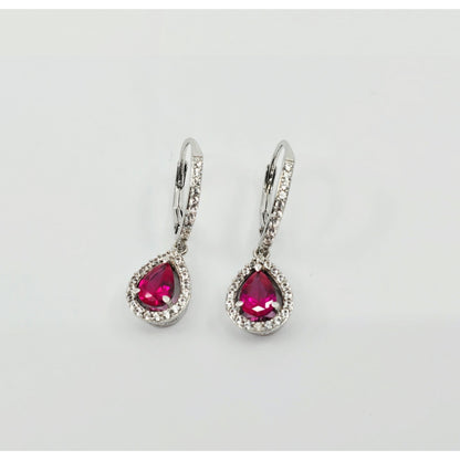 925 Sterling Silver Rhodium Plated Synthetic Ruby Lever Back Dangle Earrings