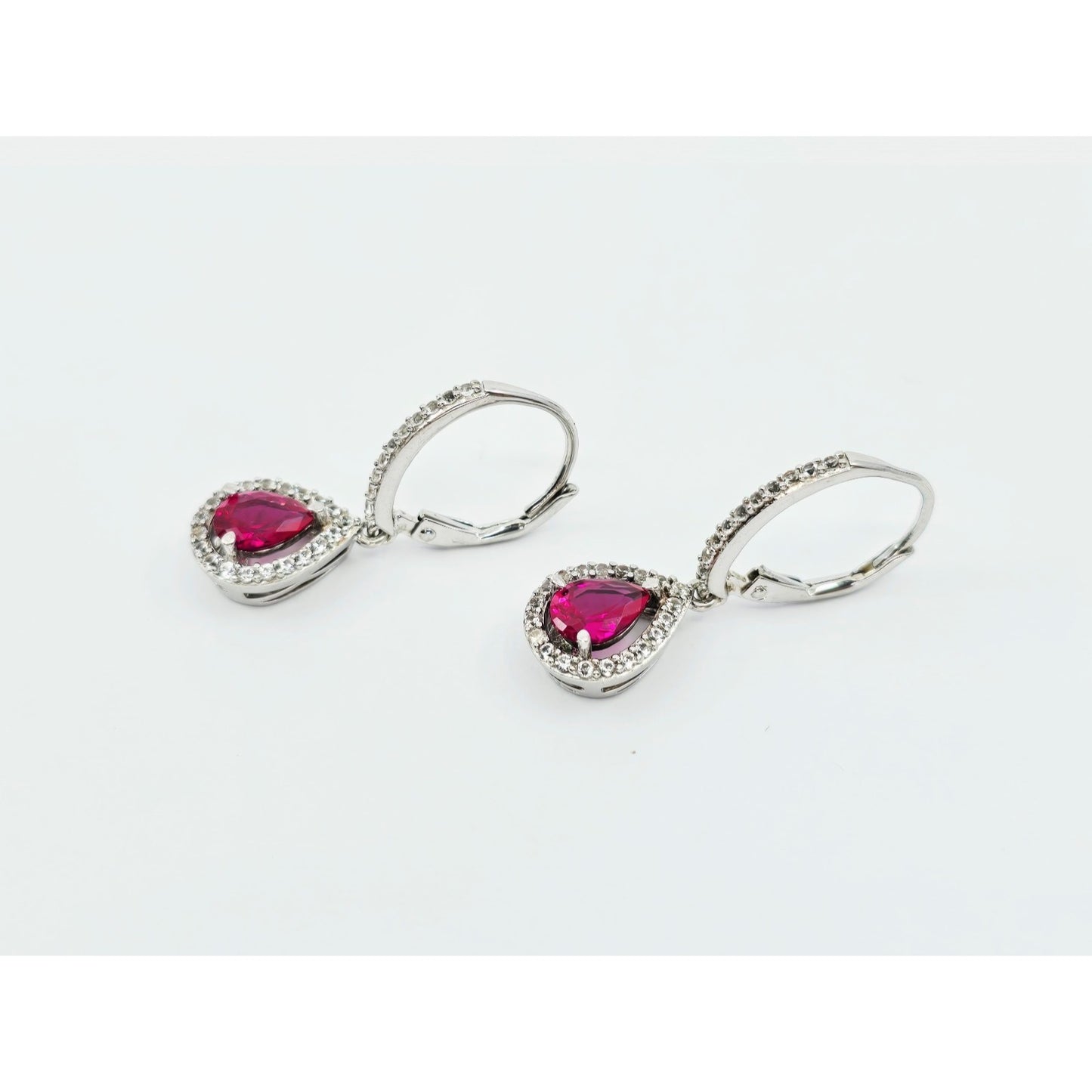 925 Sterling Silver Rhodium Plated Synthetic Ruby Lever Back Dangle Earrings