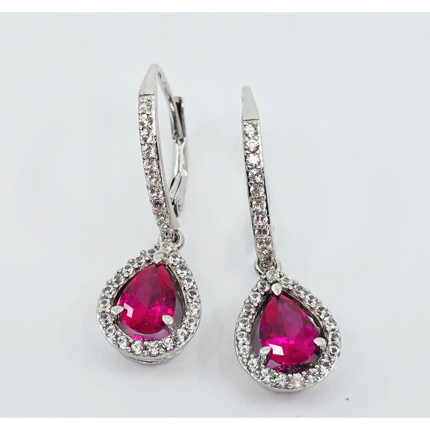 925 Sterling Silver Rhodium Plated Synthetic Ruby Lever Back Dangle Earrings