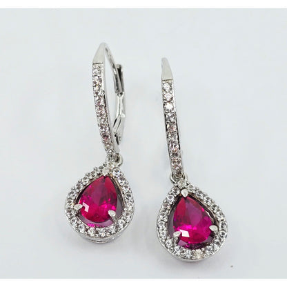 925 Sterling Silver Rhodium Plated Synthetic Ruby Lever Back Dangle Earrings