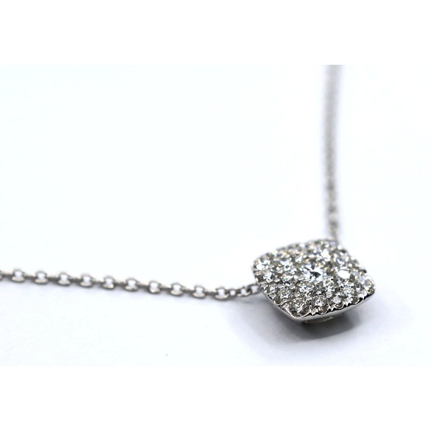 Thin 14K White Gold Cable Link Chain Necklace & Square Diamond Charm Pendant