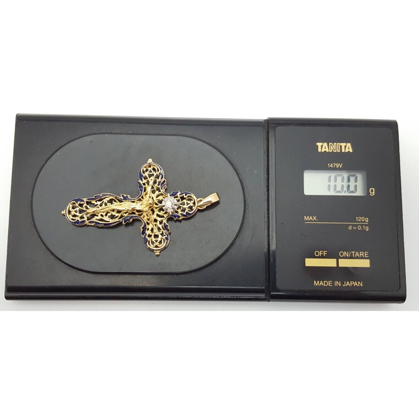 18K Solid Yellow Gold Religious Jesus Cross Diamond Enamel Charm Pendant