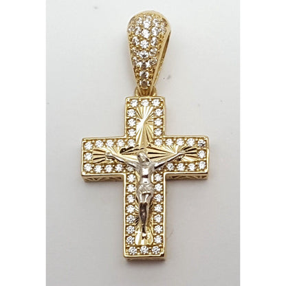 14K Two Tone Gold Religious Jesus Cubic Zirconia Cross Charm Pendant