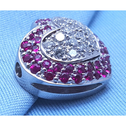 18K Solid White Gold Diamond & Ruby Puffy Heart Charm Pendant