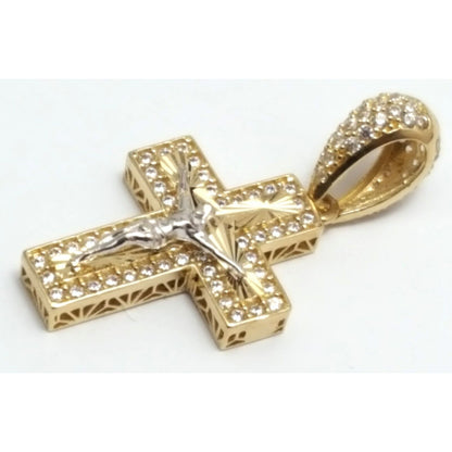 14K Two Tone Gold Religious Jesus Cubic Zirconia Cross Charm Pendant